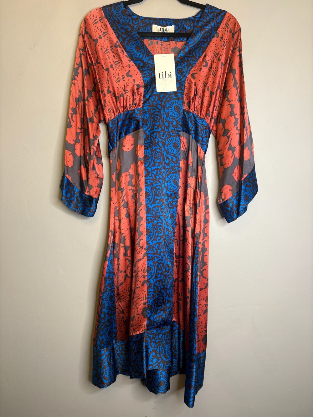 Tibi Silk Midi Dress Orange Blue Floral Long Sleeve Boho Designer Size 8 NEW